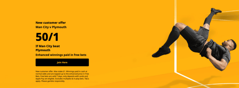 Betfair New Customer Offer – Get 50/1 If Man City Beat Plymouth
